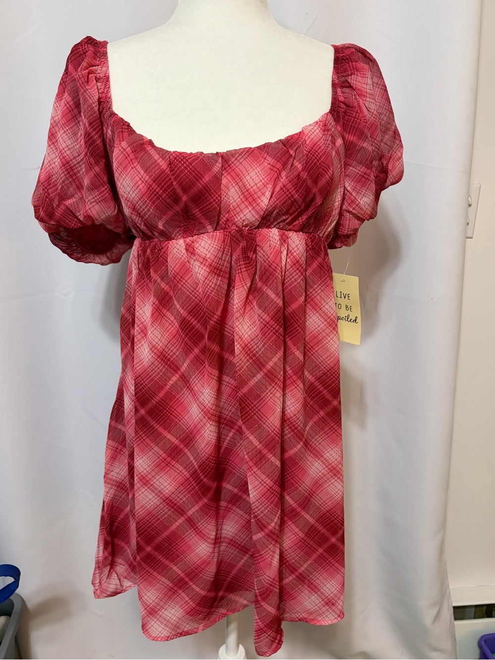 Plaid Puff-Sleeve baby doll dress